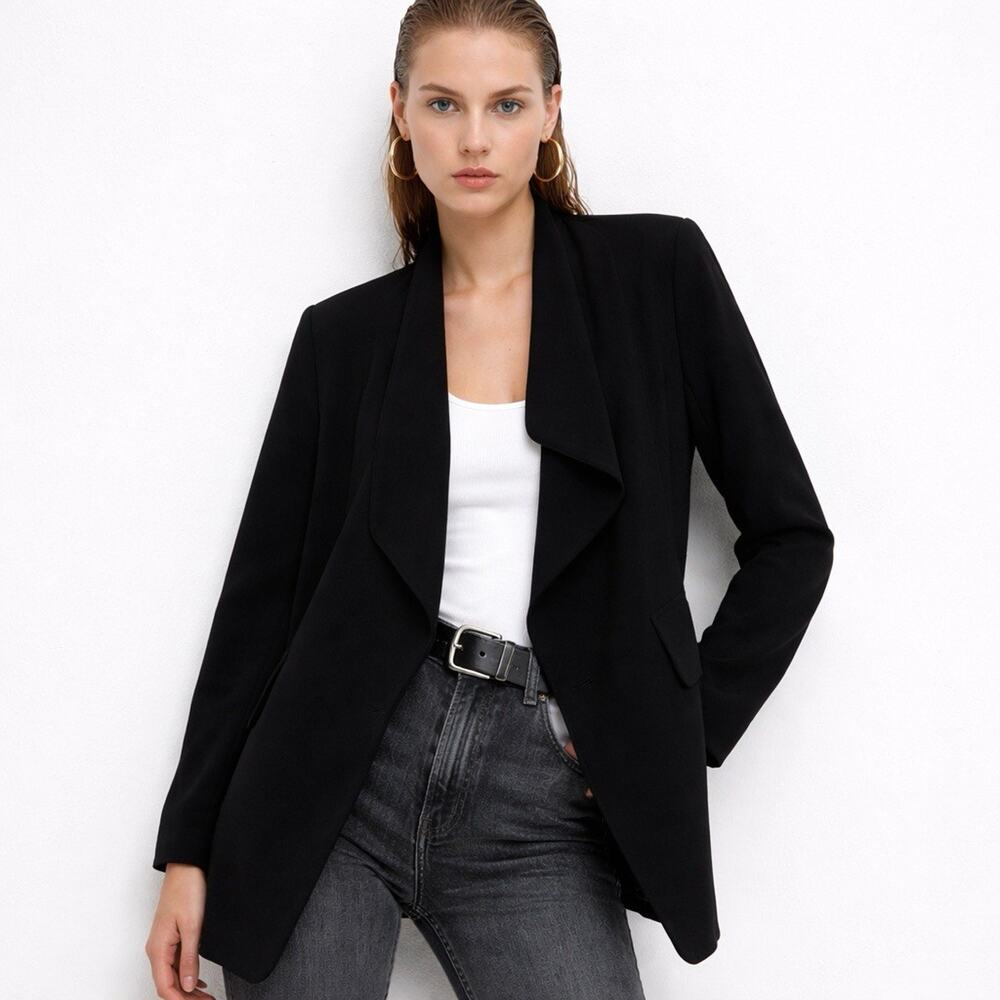 Zara Asymmetrical Blazer Black Open Front Suit Jacket Workwear L